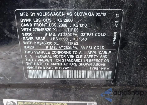 2016 Volkswagen Touareg Vr6 Executive z USA, uszkodzony, nr VIN WVGEF9BP3GD012242